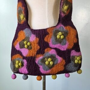 Rising Tide Purple Felted Wool Floral Pom Pom Shoulder Bag Made Nepal Boho Y2K